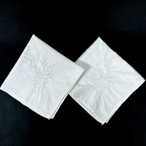 Handkerchief Set 2 White On White Embroidered Flowers Vintage Hankie Cotton 10"
